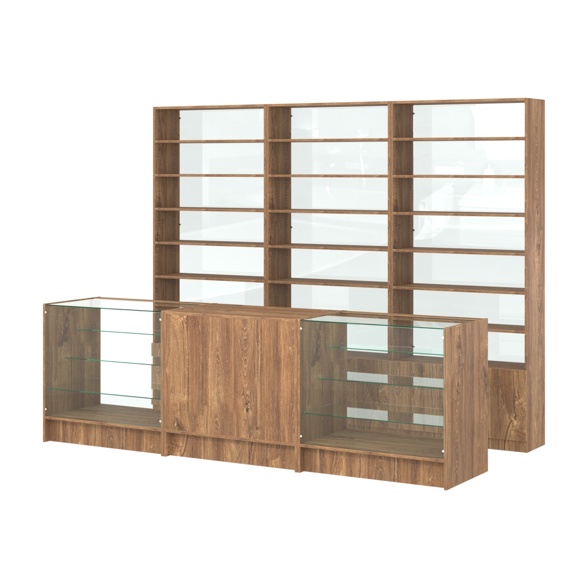 Комплект стеллажей с прямыми полками ДСП LE-6 №12-1 и прилавков ЭК-04 Дуб Канзас коричневый