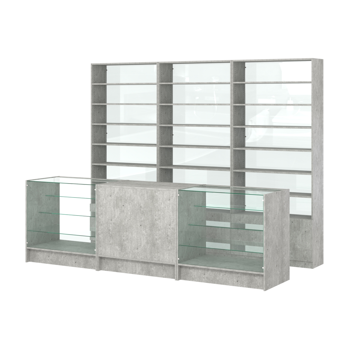 Комплект стеллажей с прямыми полками ДСП LE-6 №12-1 и прилавков ЭК-04 Метрополитан Грей