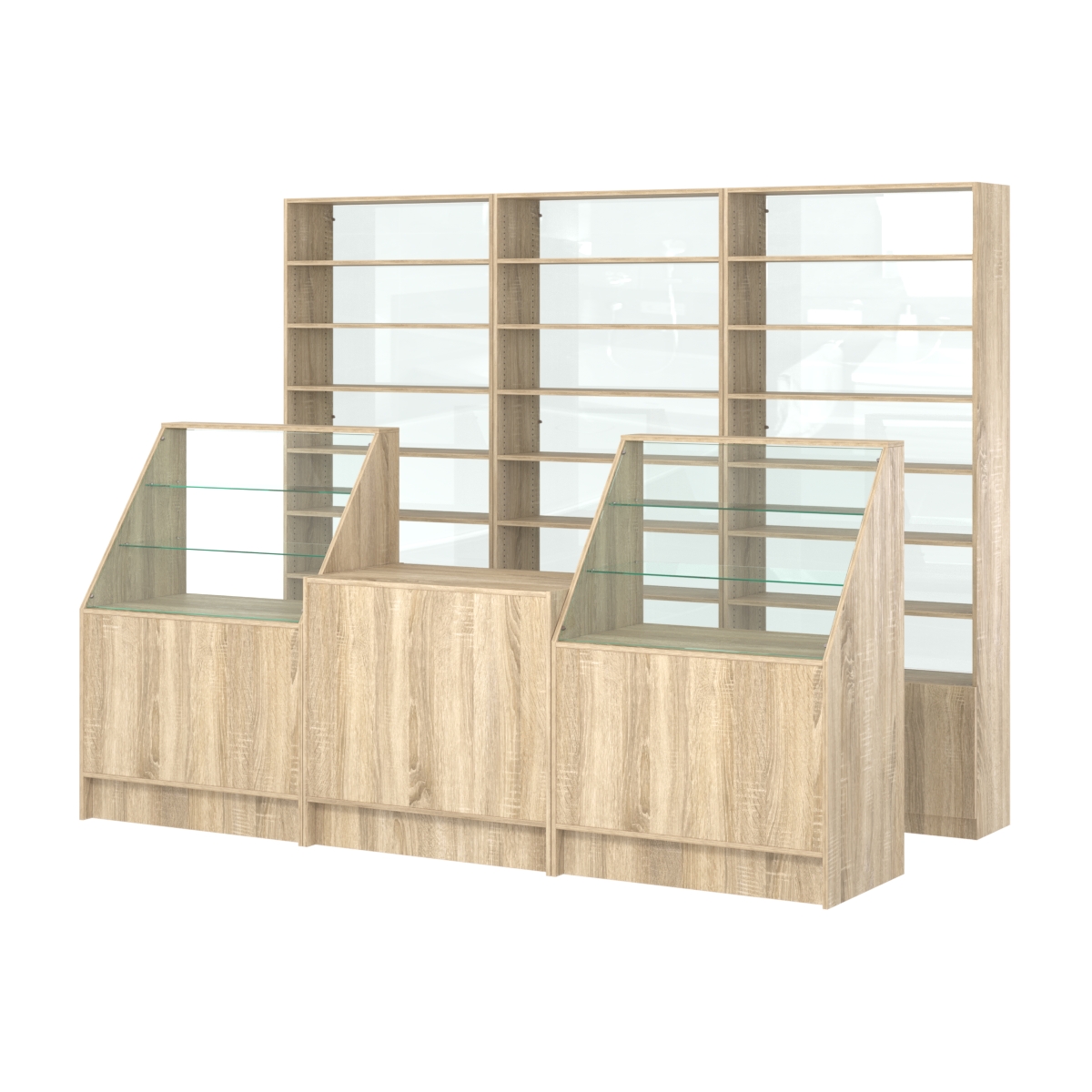 Комплект стеллажей с прямыми полками ДСП LE-6 №12-1 и прилавков ЭК-07 Дуб сонома