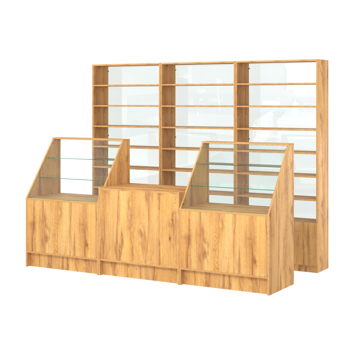 Комплект стеллажей с прямыми полками ДСП LE-6 №12-1 и прилавков ЭК-07 Дуб Золотистый