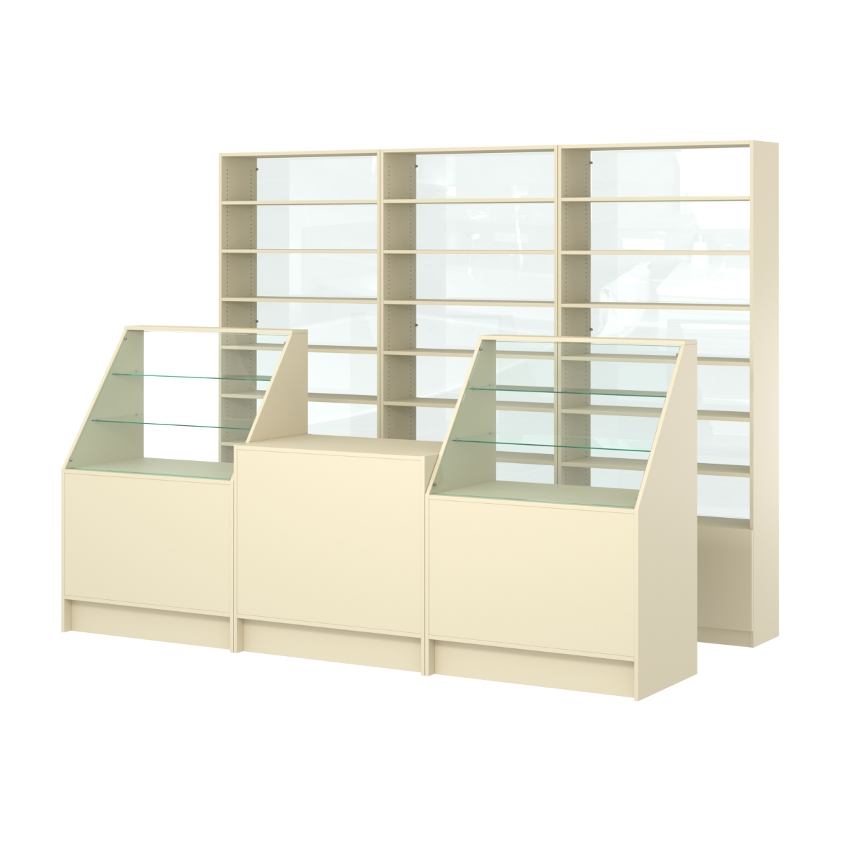 Комплект стеллажей с прямыми полками ДСП LE-6 №12-1 и прилавков ЭК-07 Крем Вайс