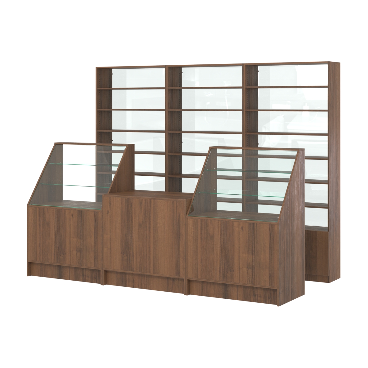 Комплект стеллажей с прямыми полками ДСП LE-6 №12-1 и прилавков ЭК-07 Орех