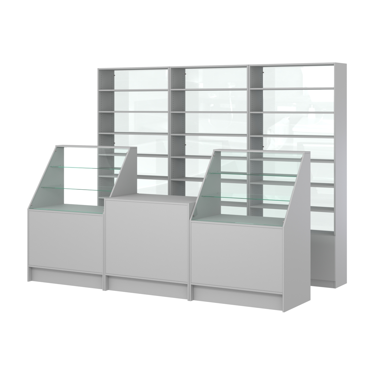 Комплект стеллажей с прямыми полками ДСП LE-6 №12-1 и прилавков ЭК-07 Серый