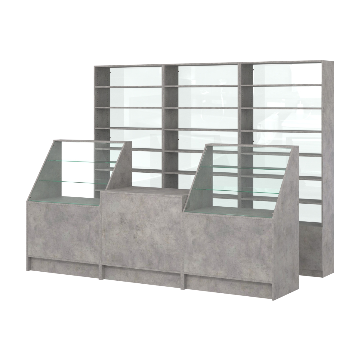 Комплект стеллажей с прямыми полками ДСП LE-6 №12-1 и прилавков ЭК-07 Бетон Чикаго светло-серый F186 ST9