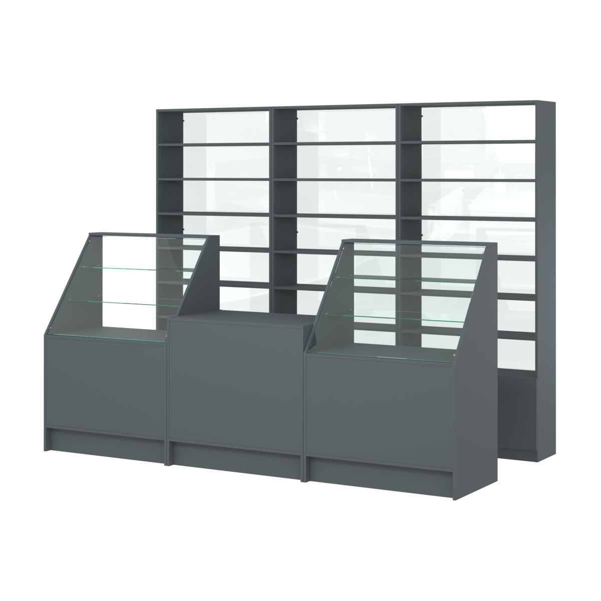 Комплект стеллажей с прямыми полками ДСП LE-6 №12-1 и прилавков ЭК-07 Темно-Серый