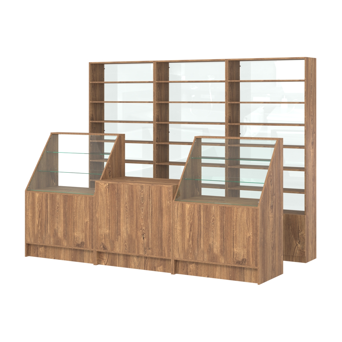 Комплект стеллажей с прямыми полками ДСП LE-6 №12-1 и прилавков ЭК-07 Дуб Канзас коричневый