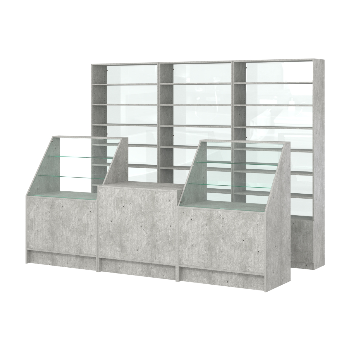 Комплект стеллажей с прямыми полками ДСП LE-6 №12-1 и прилавков ЭК-07 Метрополитан Грей