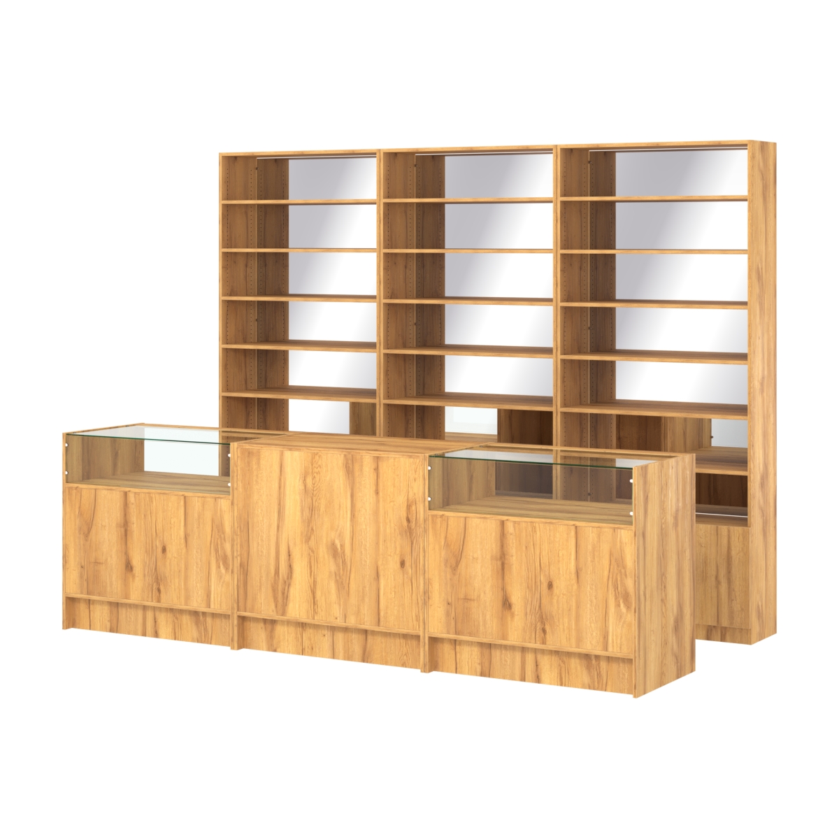 Комплект стеллажей с прямыми полками ДСП LE-6 №12-2 и прилавков ЭК-02 Дуб Золотистый