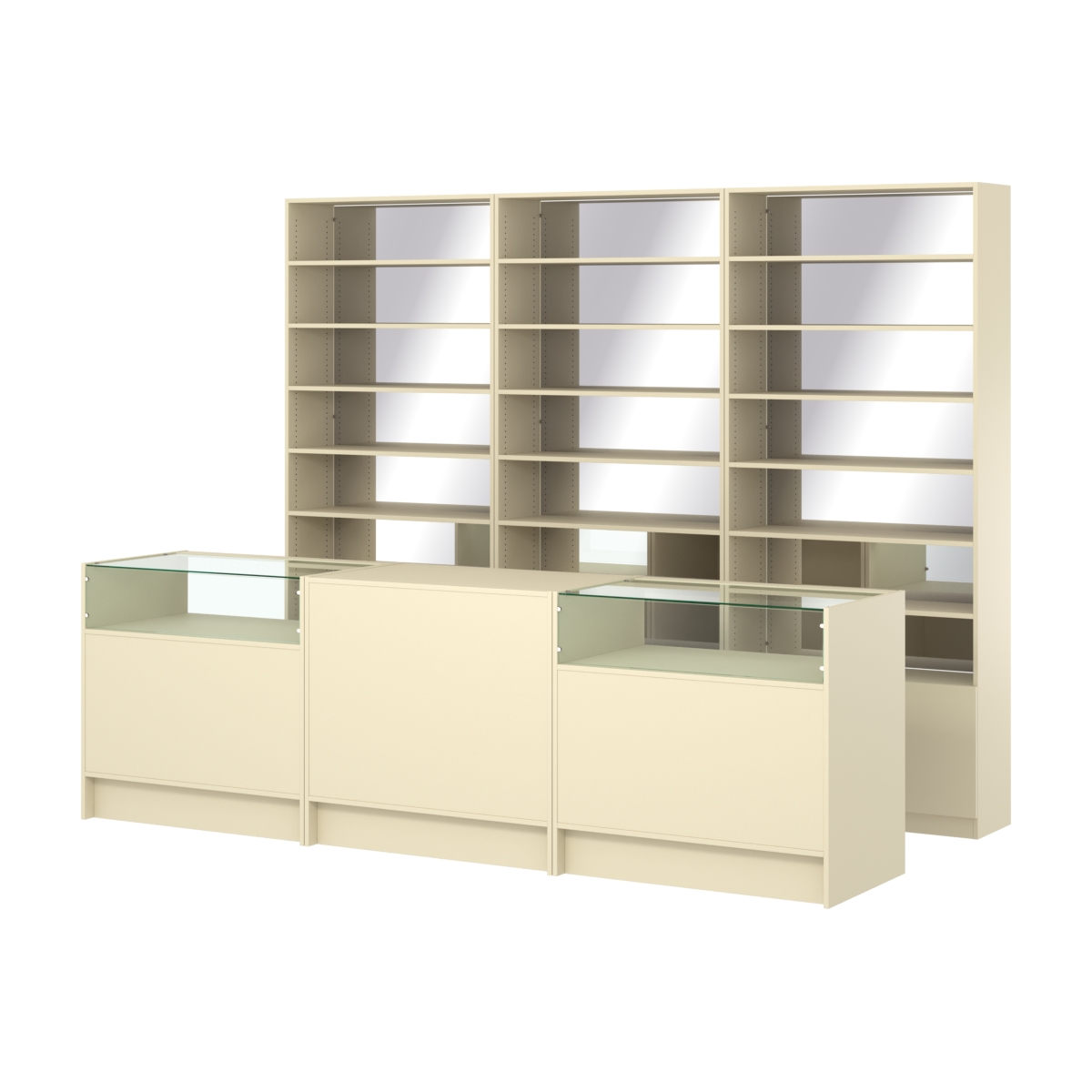 Комплект стеллажей с прямыми полками ДСП LE-6 №12-2 и прилавков ЭК-02 Крем Вайс