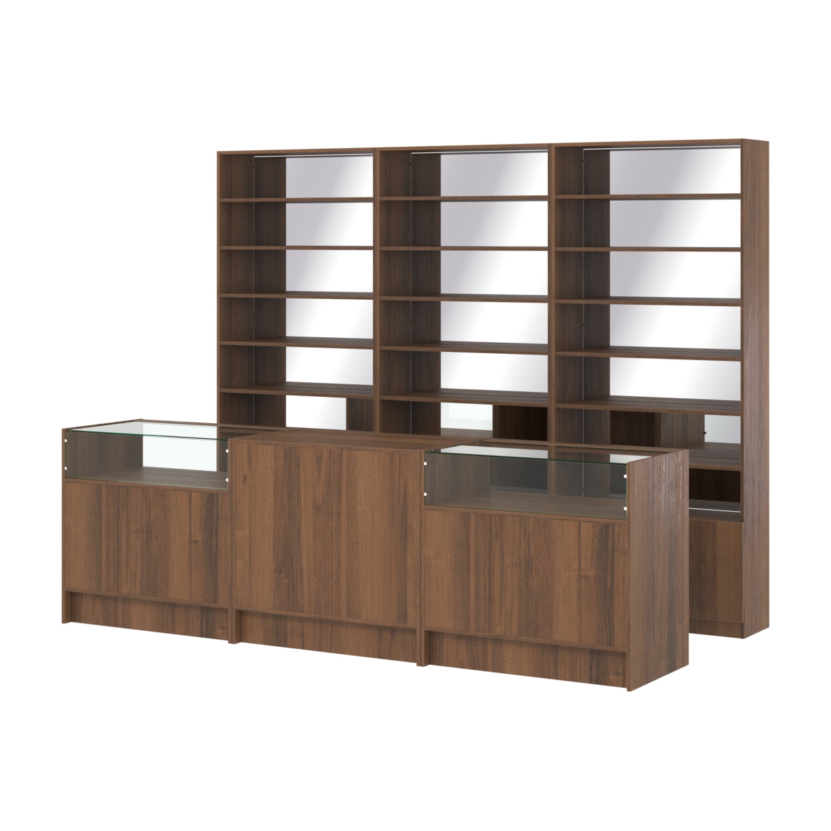 Комплект стеллажей с прямыми полками ДСП LE-6 №12-2 и прилавков ЭК-02 Орех