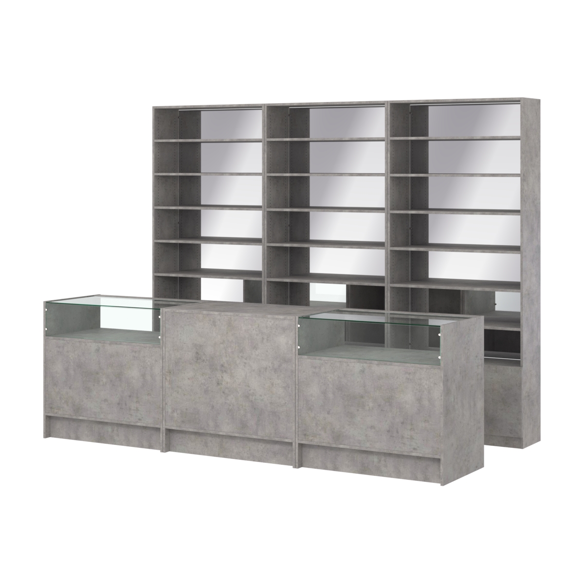 Комплект стеллажей с прямыми полками ДСП LE-6 №12-2 и прилавков ЭК-02 Бетон Чикаго светло-серый F186 ST9