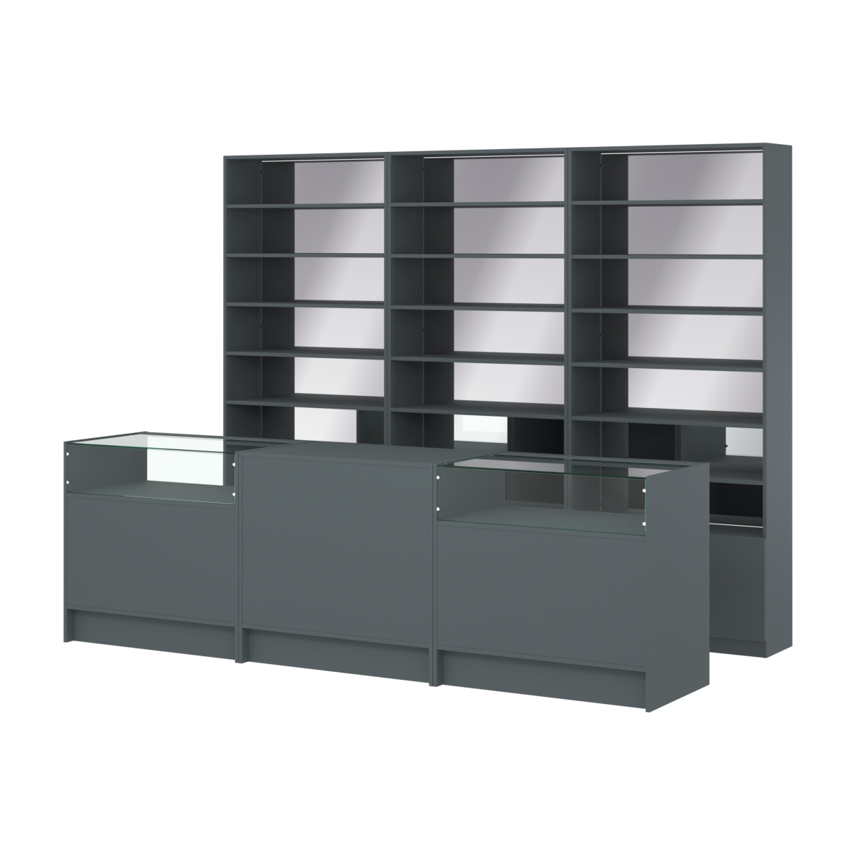 Комплект стеллажей с прямыми полками ДСП LE-6 №12-2 и прилавков ЭК-02 Темно-Серый