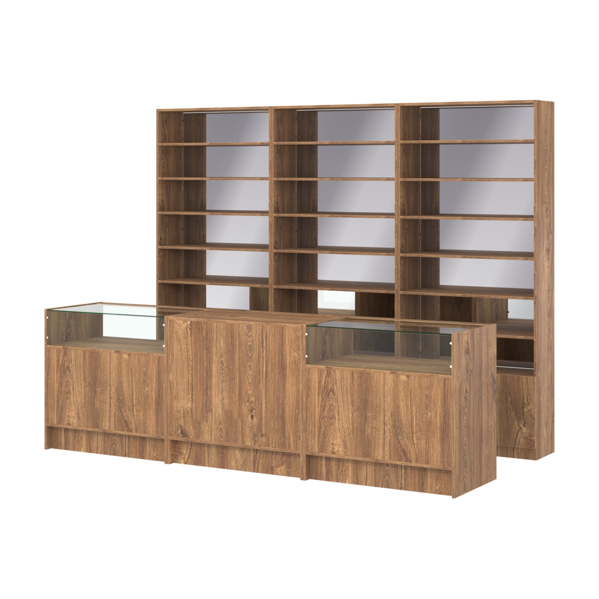 Комплект стеллажей с прямыми полками ДСП LE-6 №12-2 и прилавков ЭК-02 Дуб Канзас коричневый