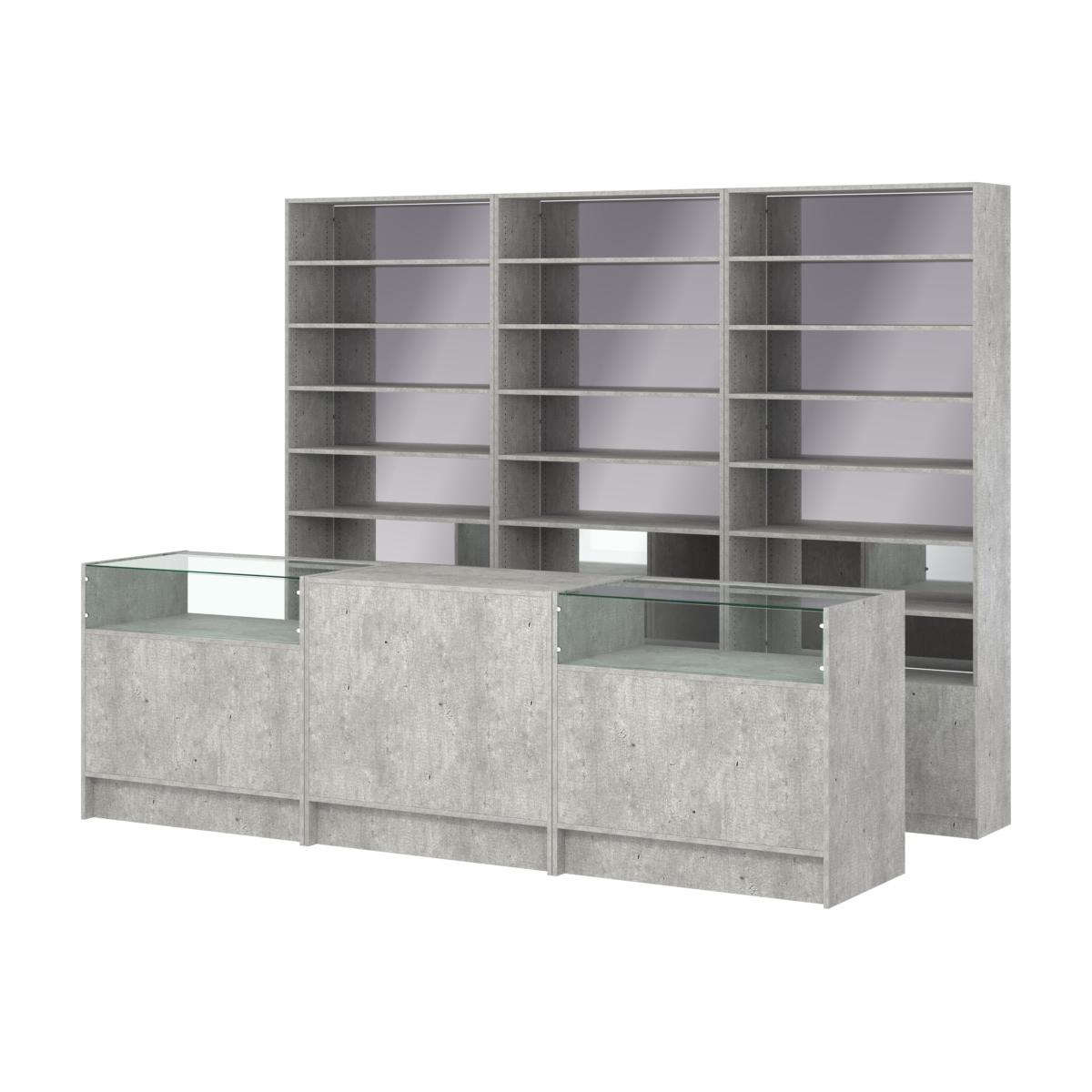 Комплект стеллажей с прямыми полками ДСП LE-6 №12-2 и прилавков ЭК-02 Метрополитан Грей