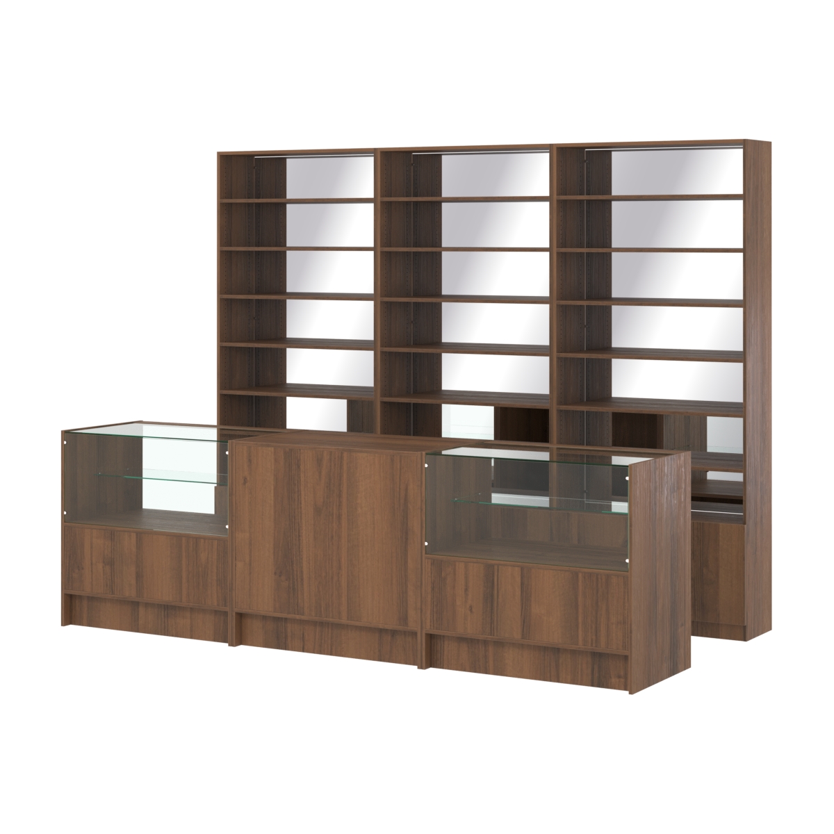 Комплект стеллажей с прямыми полками ДСП LE-6 №12-2 и прилавков ЭК-03 Орех