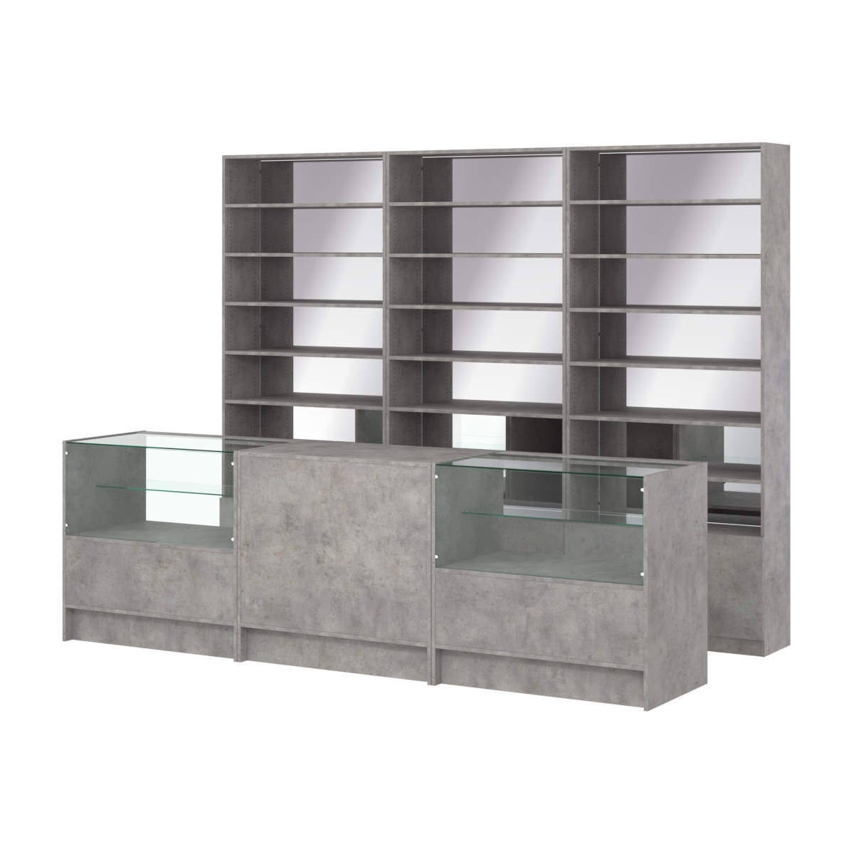 Комплект стеллажей с прямыми полками ДСП LE-6 №12-2 и прилавков ЭК-03 Бетон Чикаго светло-серый F186 ST9