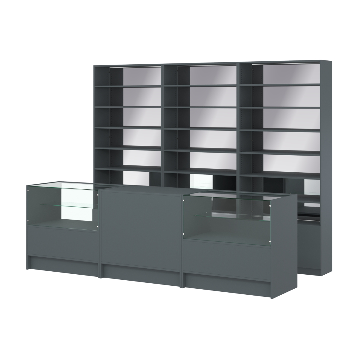 Комплект стеллажей с прямыми полками ДСП LE-6 №12-2 и прилавков ЭК-03 Темно-Серый