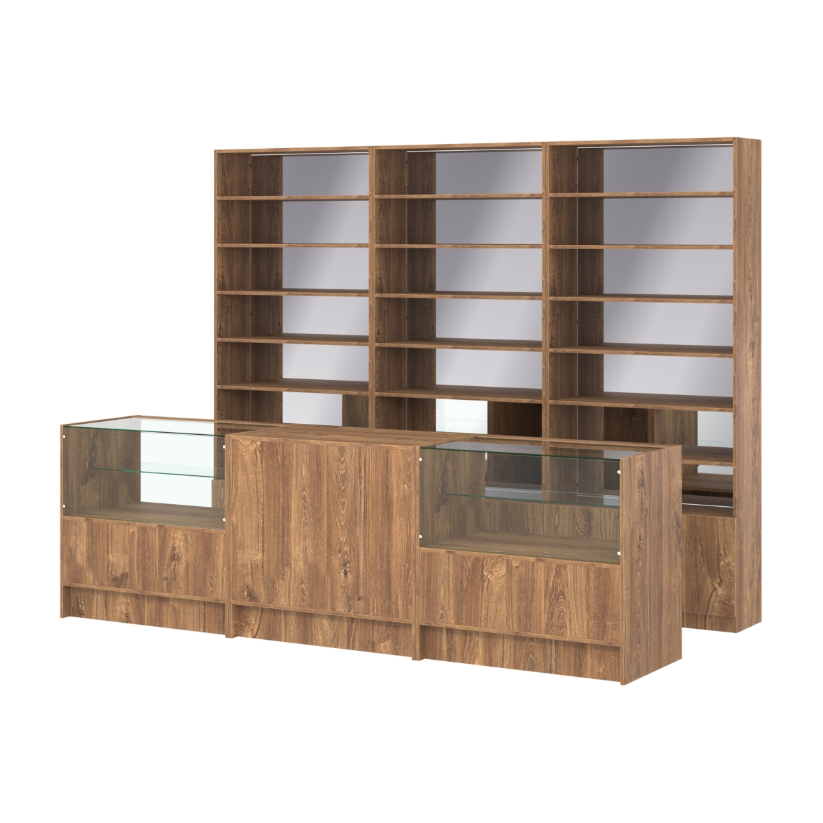 Комплект стеллажей с прямыми полками ДСП LE-6 №12-2 и прилавков ЭК-03 Дуб Канзас коричневый