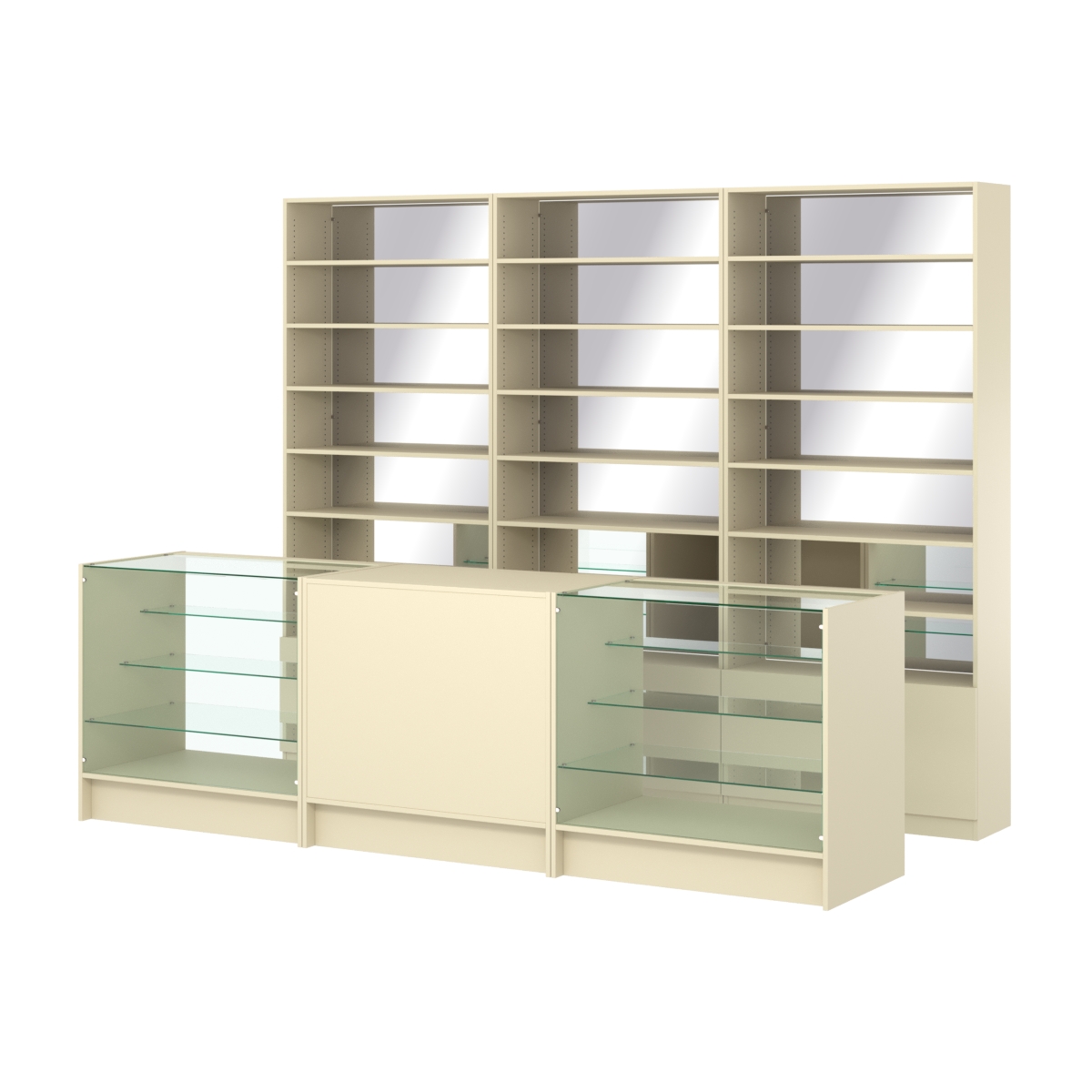 Комплект стеллажей с прямыми полками ДСП LE-6 №12-2 и прилавков ЭК-04 Крем Вайс