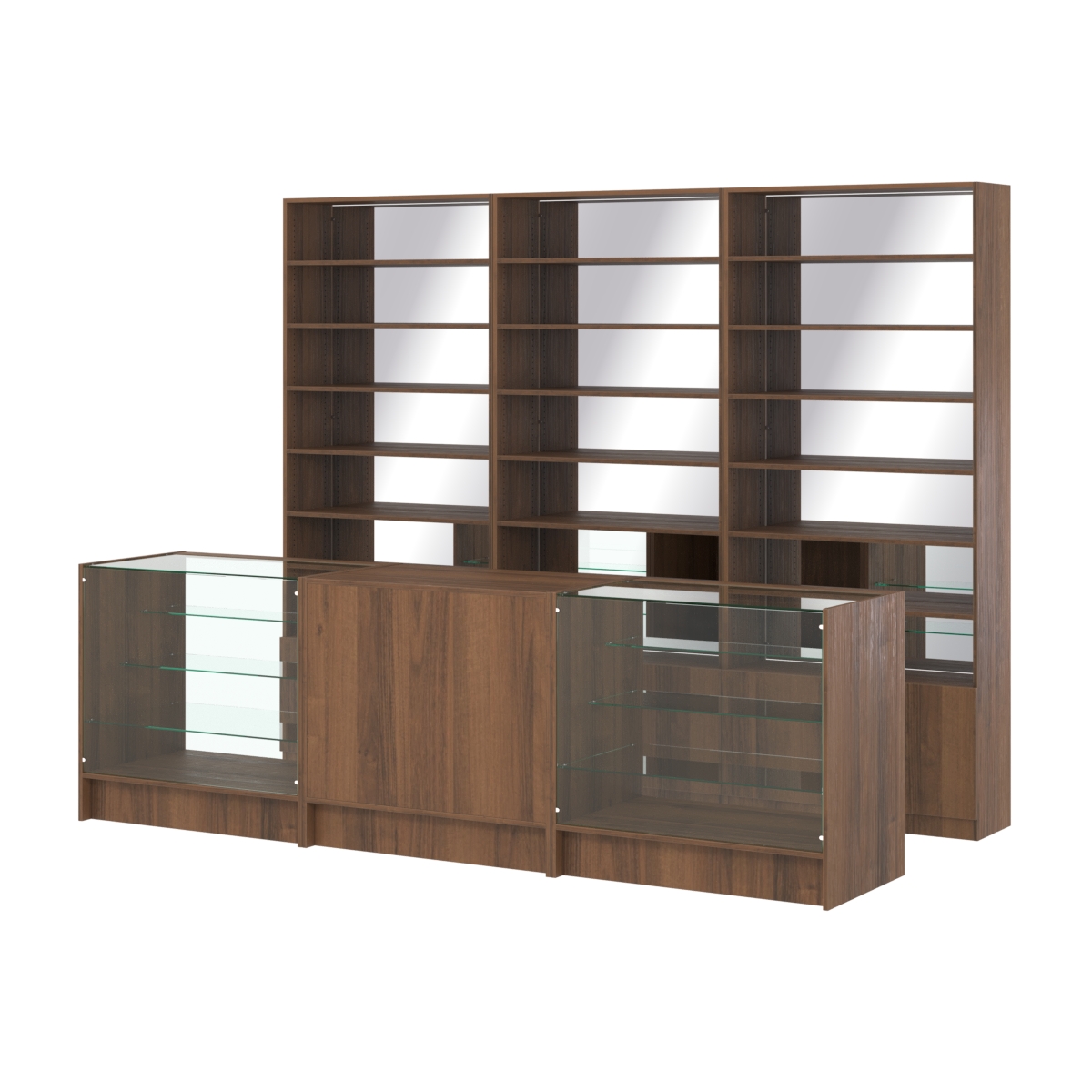 Комплект стеллажей с прямыми полками ДСП LE-6 №12-2 и прилавков ЭК-04 Орех