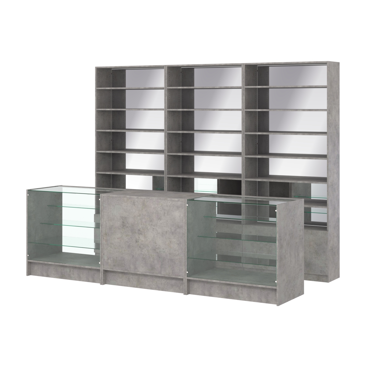 Комплект стеллажей с прямыми полками ДСП LE-6 №12-2 и прилавков ЭК-04 Бетон Чикаго светло-серый F186 ST9