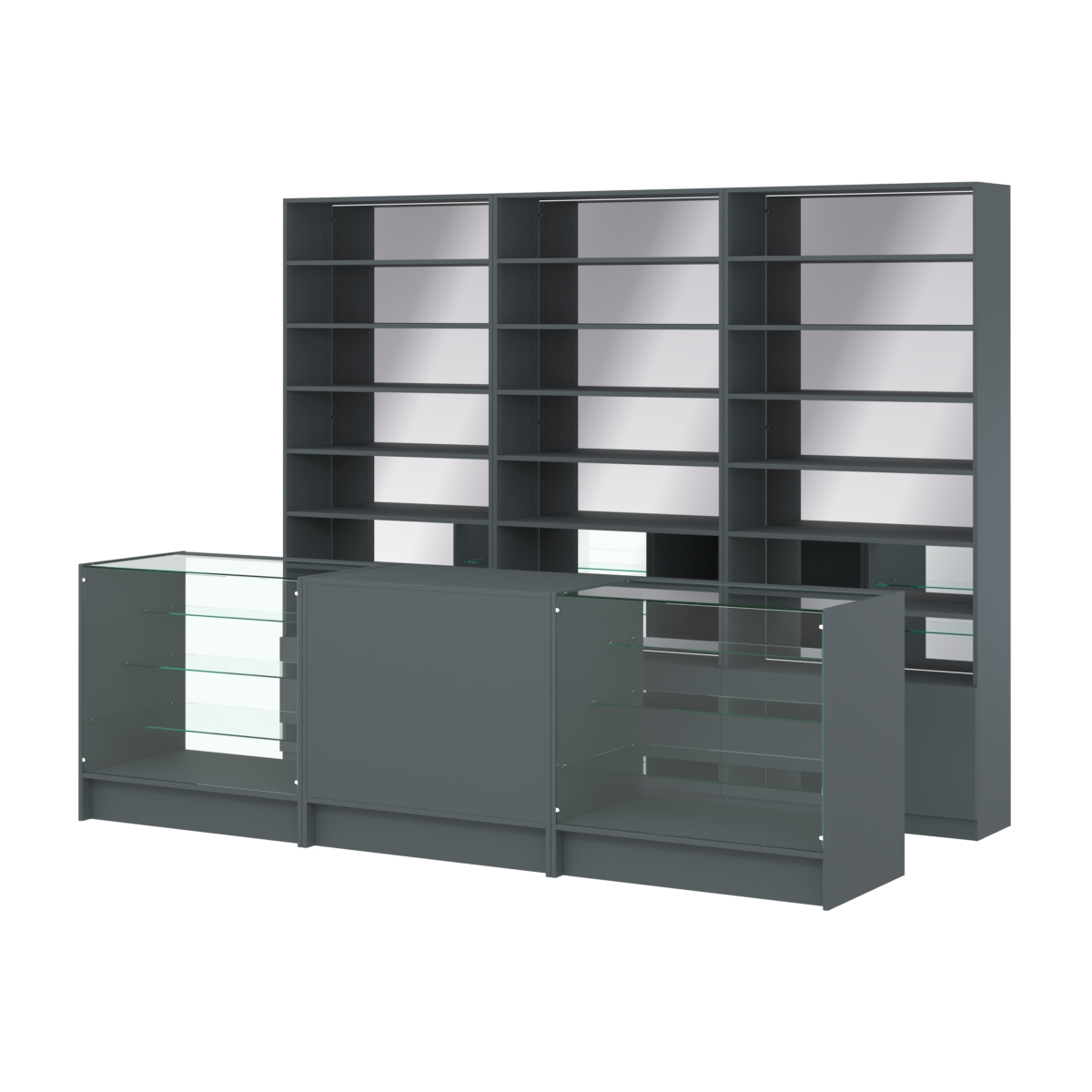 Комплект стеллажей с прямыми полками ДСП LE-6 №12-2 и прилавков ЭК-04 Темно-Серый