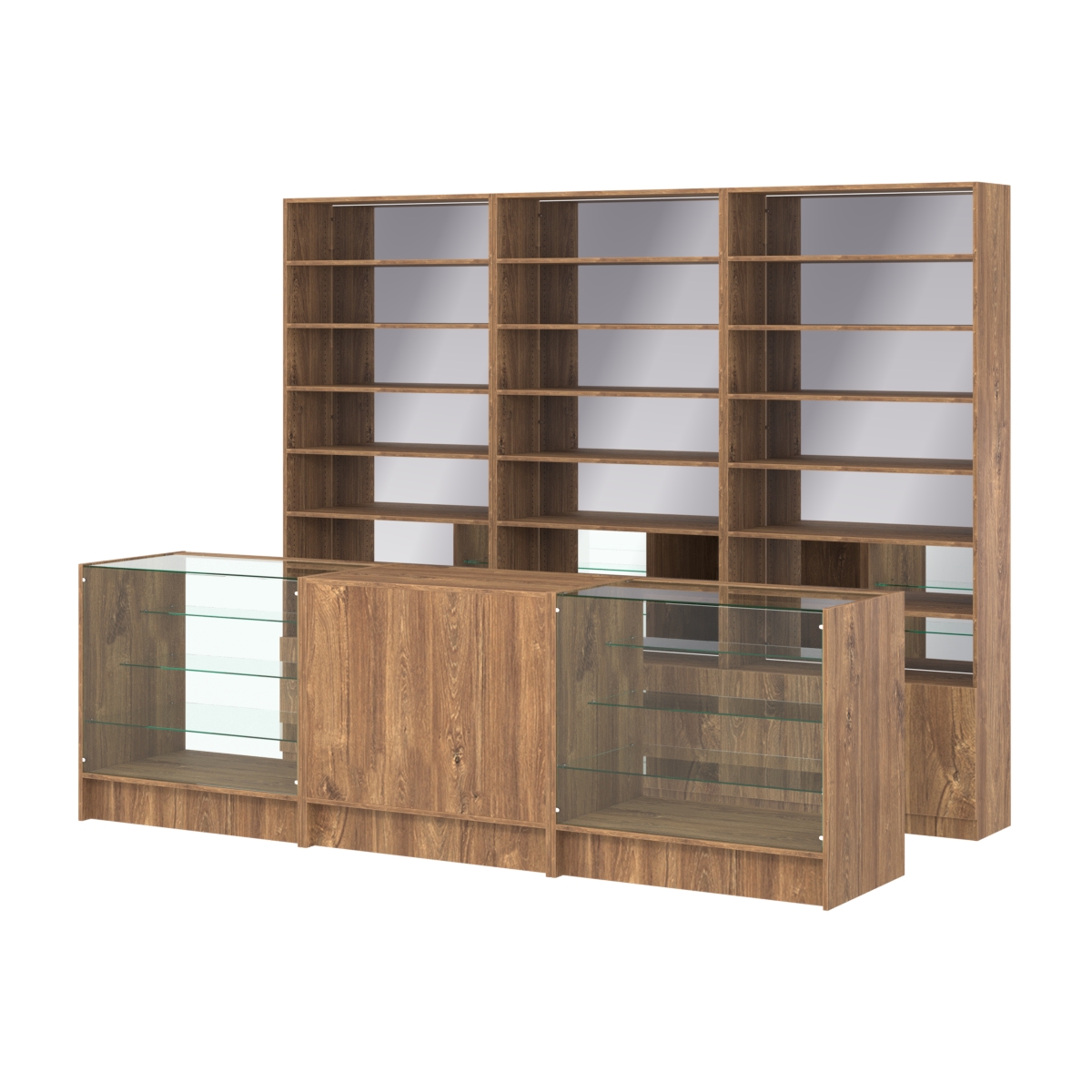 Комплект стеллажей с прямыми полками ДСП LE-6 №12-2 и прилавков ЭК-04 Дуб Канзас коричневый