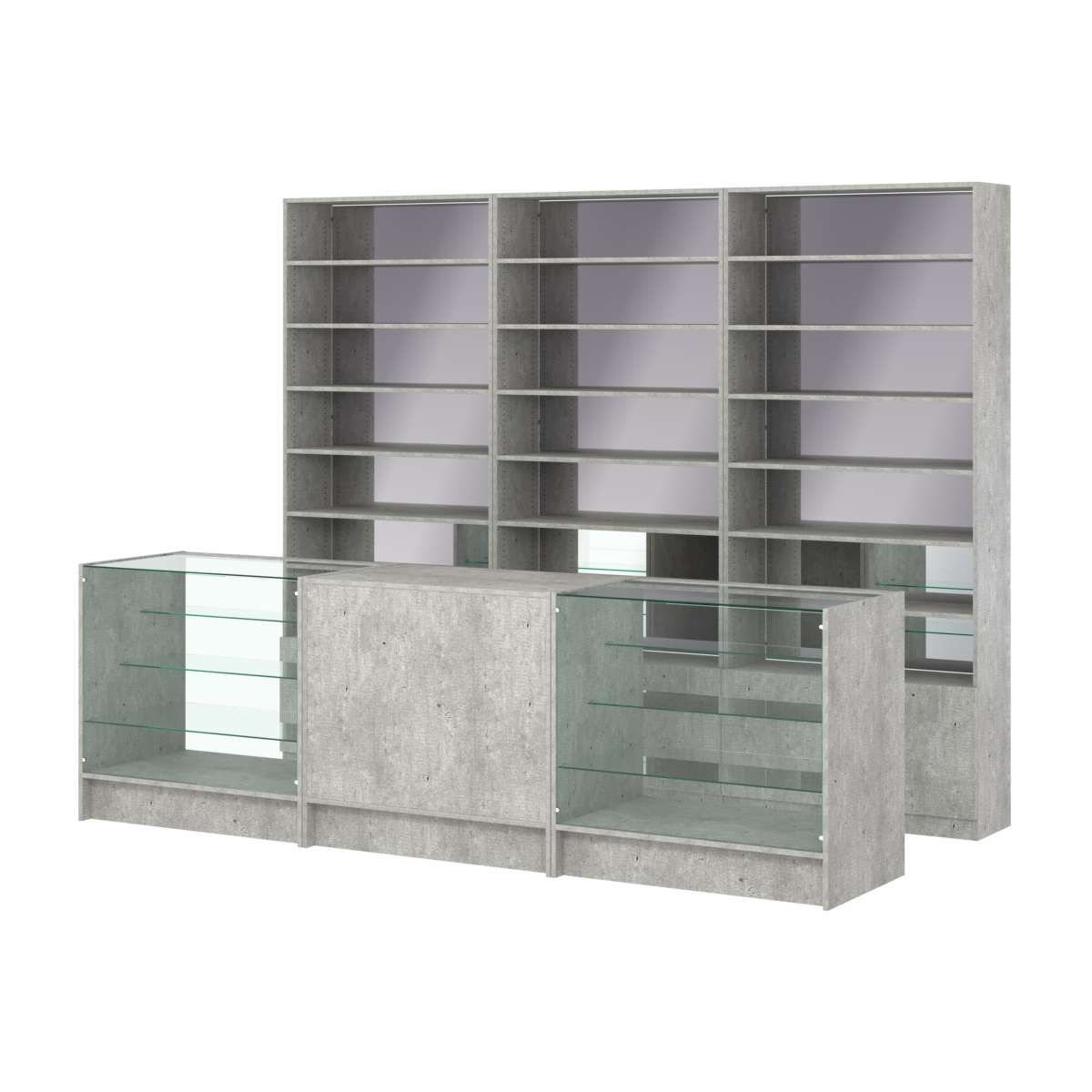 Комплект стеллажей с прямыми полками ДСП LE-6 №12-2 и прилавков ЭК-04 Метрополитан Грей