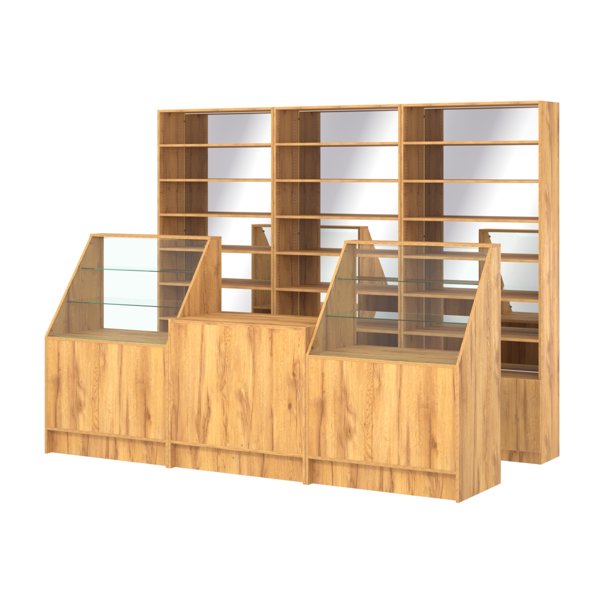 Комплект стеллажей с прямыми полками ДСП LE-6 №12-2 и прилавков ЭК-07 Дуб Золотистый