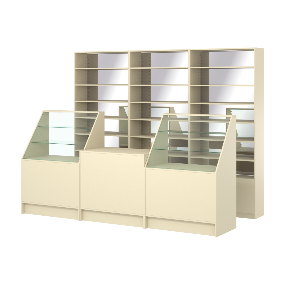 Комплект стеллажей с прямыми полками ДСП LE-6 №12-2 и прилавков ЭК-07 Крем Вайс