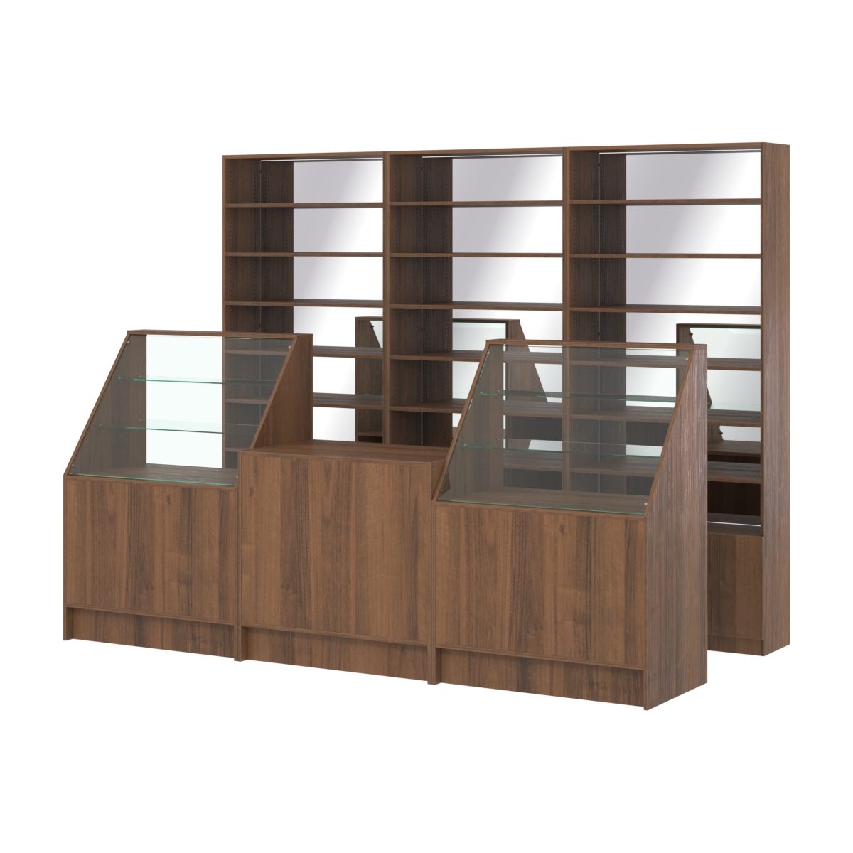 Комплект стеллажей с прямыми полками ДСП LE-6 №12-2 и прилавков ЭК-07 Орех