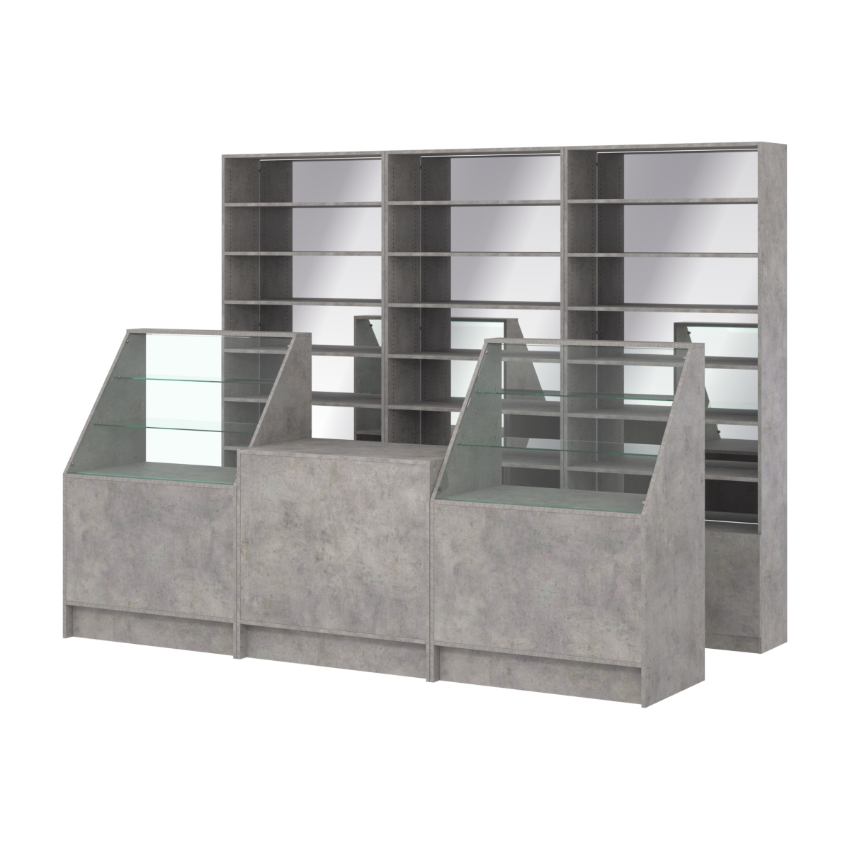 Комплект стеллажей с прямыми полками ДСП LE-6 №12-2 и прилавков ЭК-07 Бетон Чикаго светло-серый F186 ST9