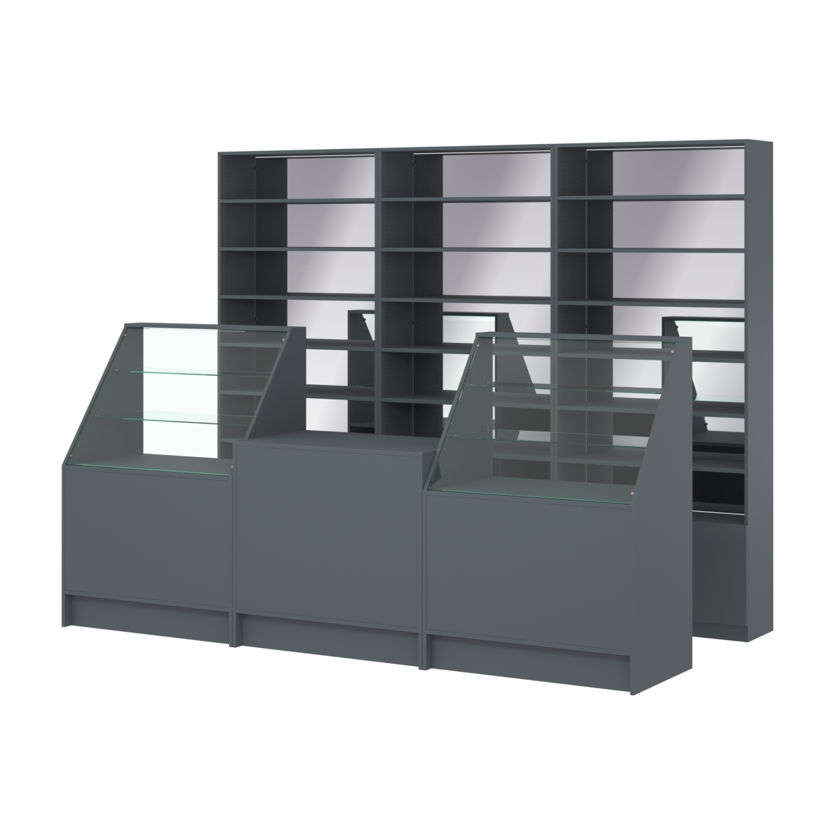 Комплект стеллажей с прямыми полками ДСП LE-6 №12-2 и прилавков ЭК-07 Темно-Серый