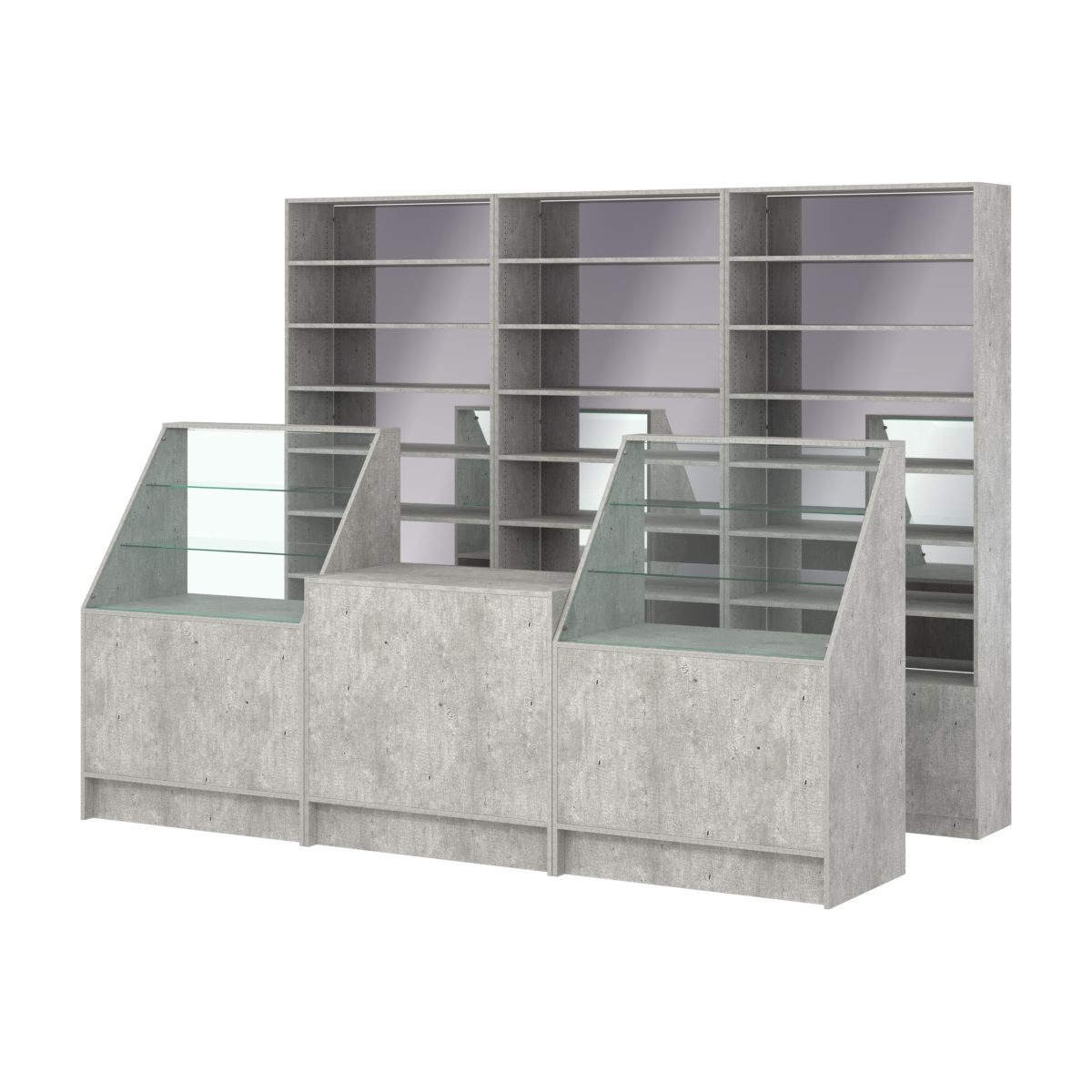 Комплект стеллажей с прямыми полками ДСП LE-6 №12-2 и прилавков ЭК-07 Метрополитан Грей