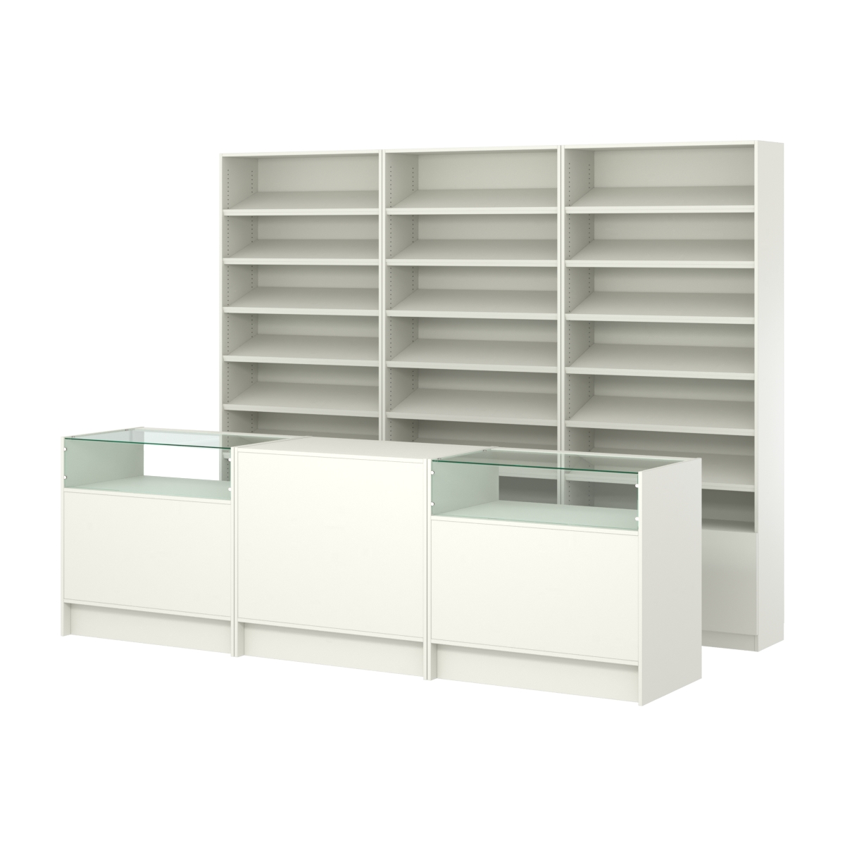 Комплект стеллажей с наклонными полками ДСП TI-6 №12 и прилавков ЭК-02 Белый