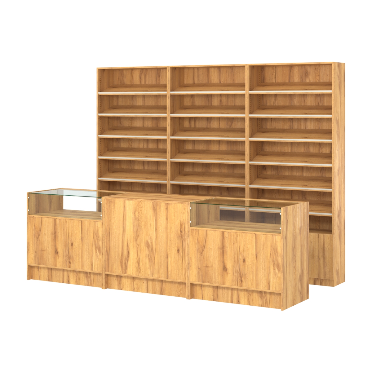 Комплект стеллажей с наклонными полками ДСП TI-6 №12 и прилавков ЭК-02 Дуб Золотистый