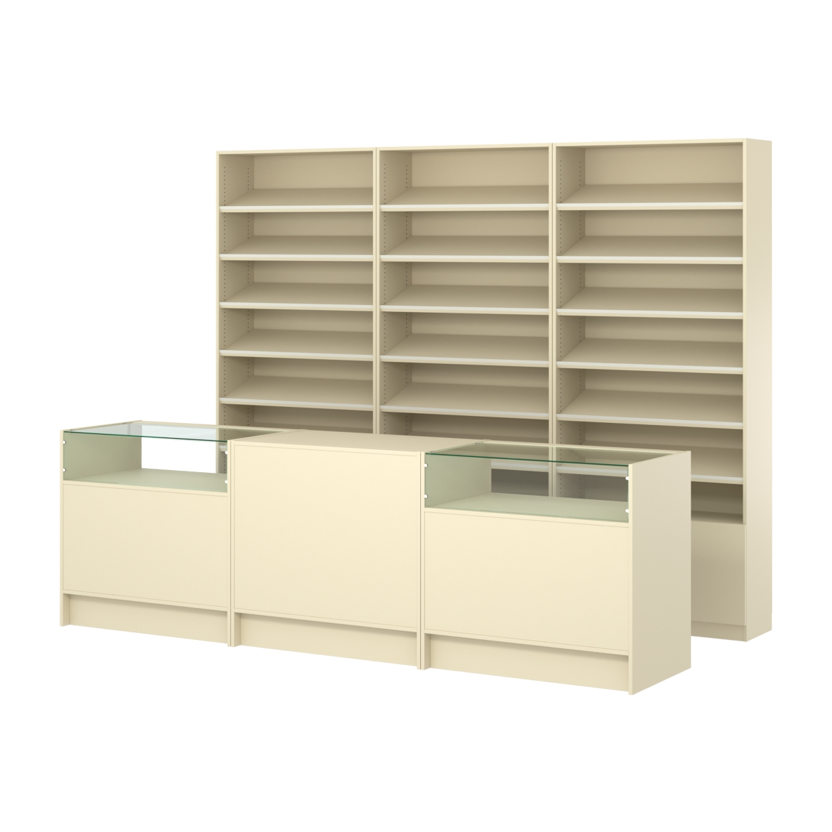 Комплект стеллажей с наклонными полками ДСП TI-6 №12 и прилавков ЭК-02 Крем Вайс