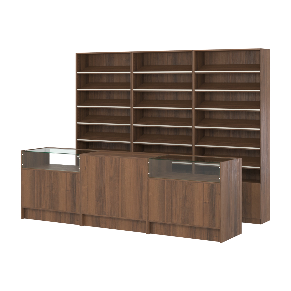 Комплект стеллажей с наклонными полками ДСП TI-6 №12 и прилавков ЭК-02 Орех