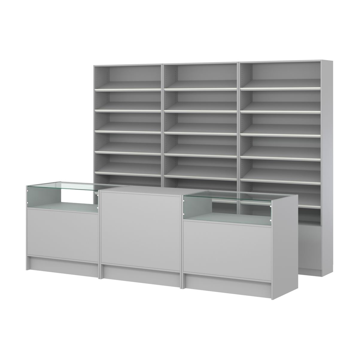 Комплект стеллажей с наклонными полками ДСП TI-6 №12 и прилавков ЭК-02 Серый