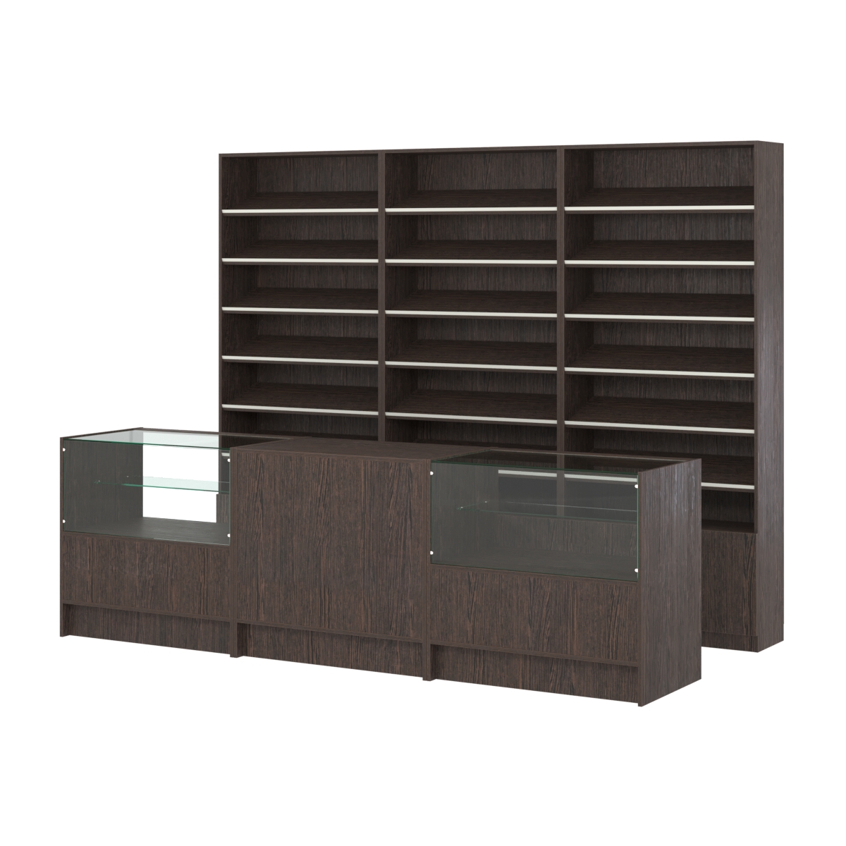 Комплект стеллажей с наклонными полками ДСП TI-6 №12 и прилавков ЭК-03 Дуб Венге