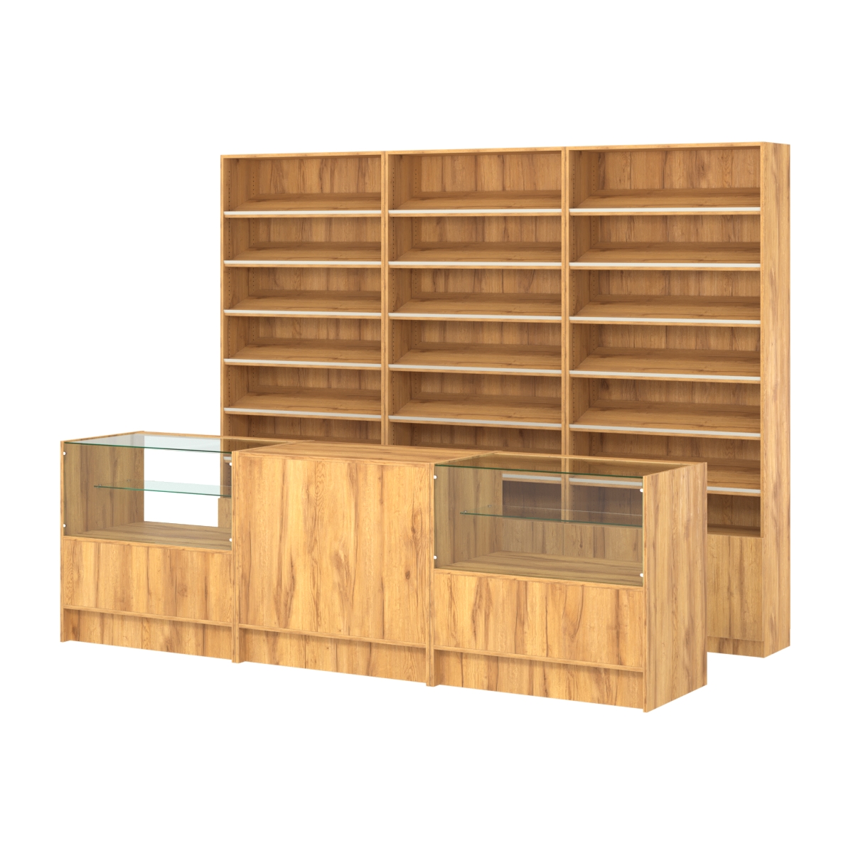 Комплект стеллажей с наклонными полками ДСП TI-6 №12 и прилавков ЭК-03 Дуб Золотистый