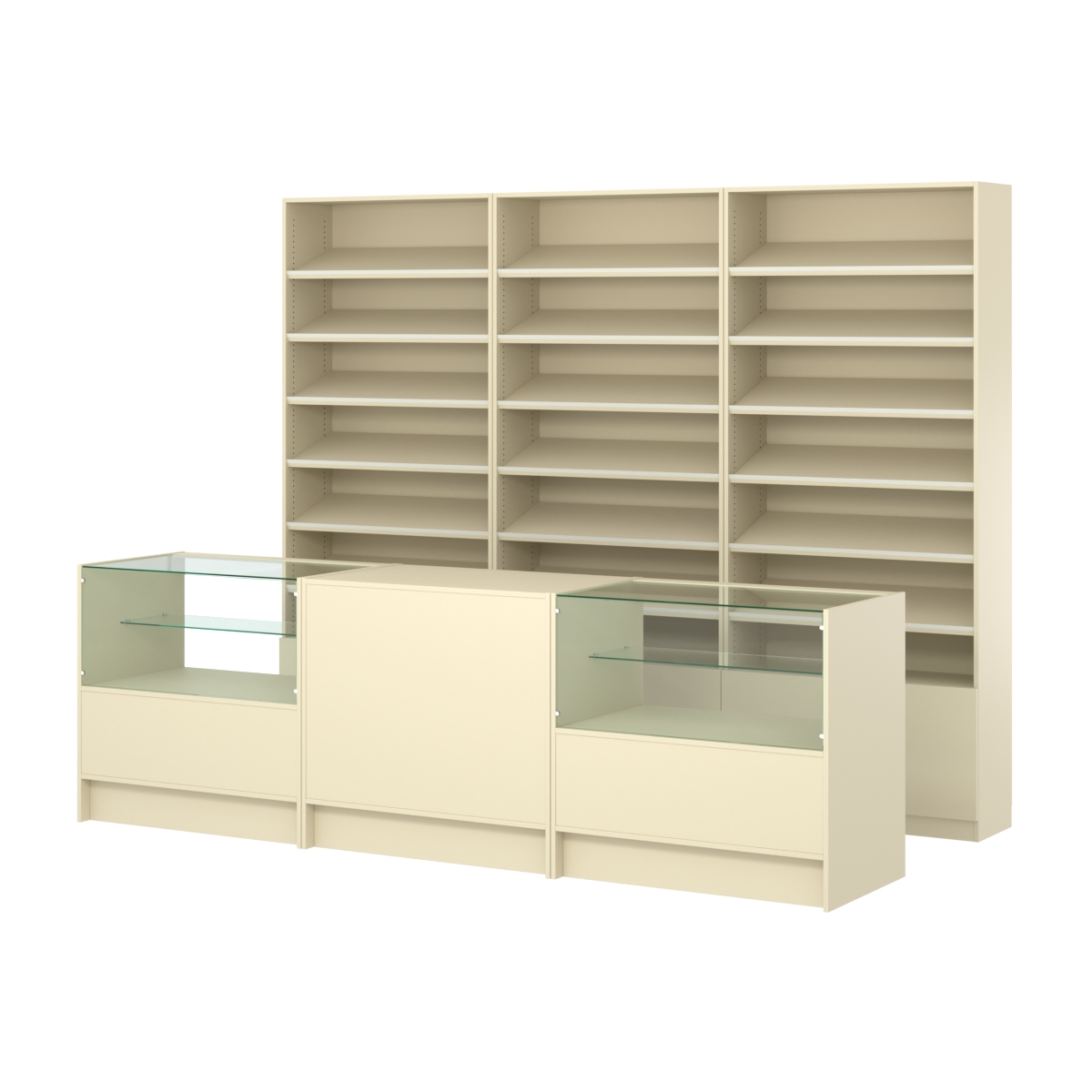 Комплект стеллажей с наклонными полками ДСП TI-6 №12 и прилавков ЭК-03 Крем Вайс