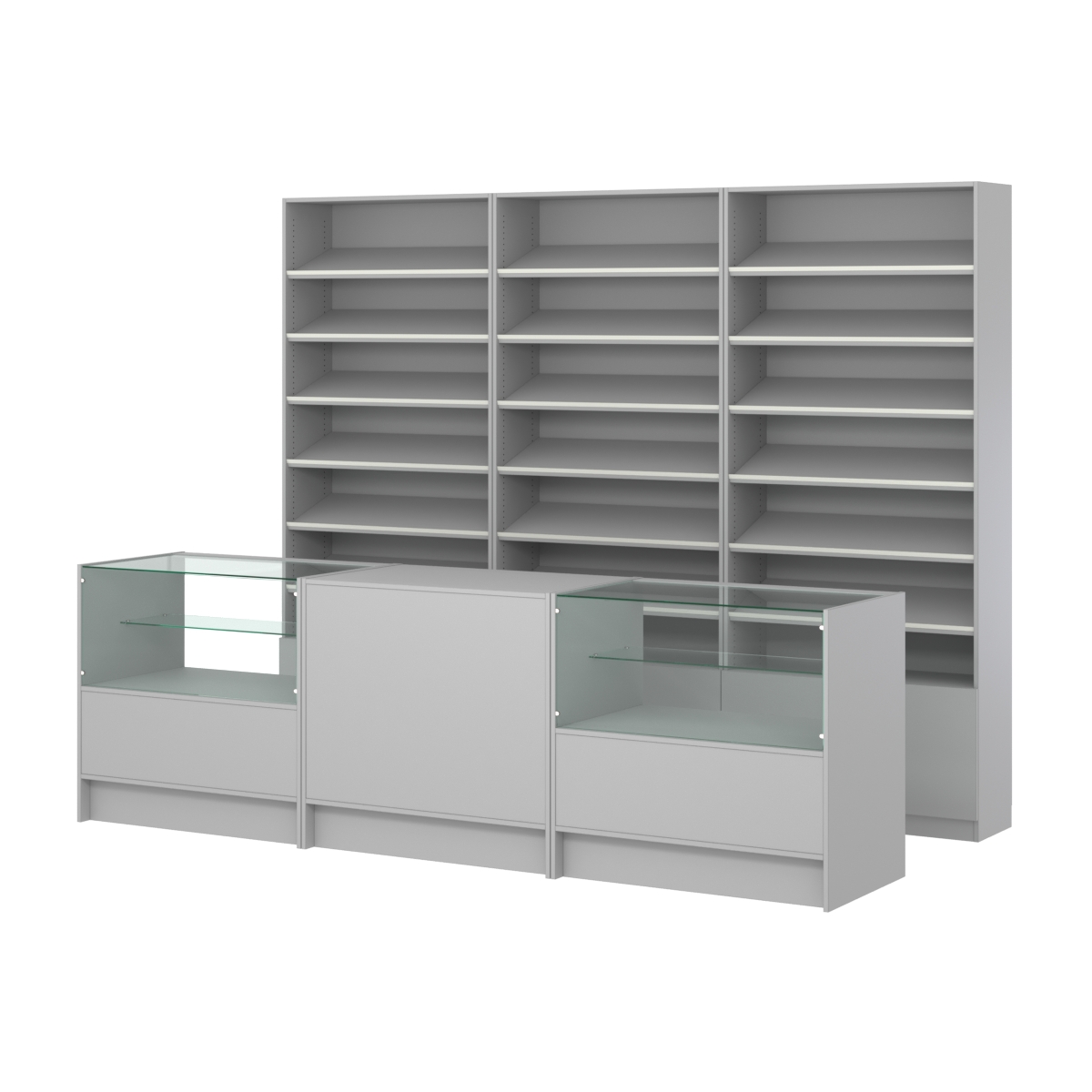 Комплект стеллажей с наклонными полками ДСП TI-6 №12 и прилавков ЭК-03 Серый