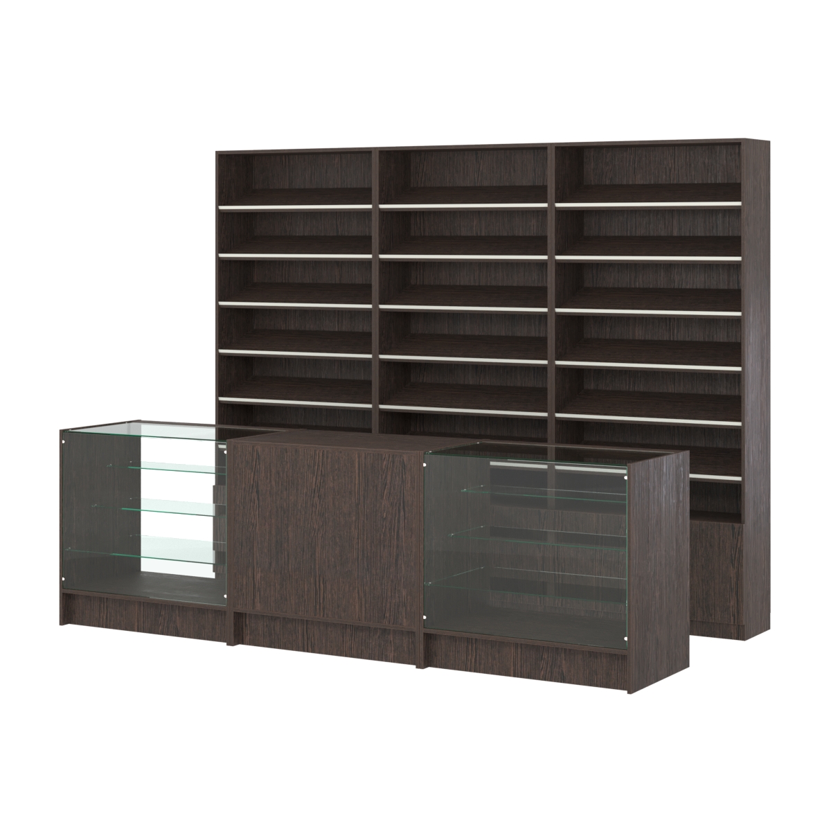 Комплект стеллажей с наклонными полками ДСП TI-6 №12 и прилавков ЭК-04 Дуб Венге