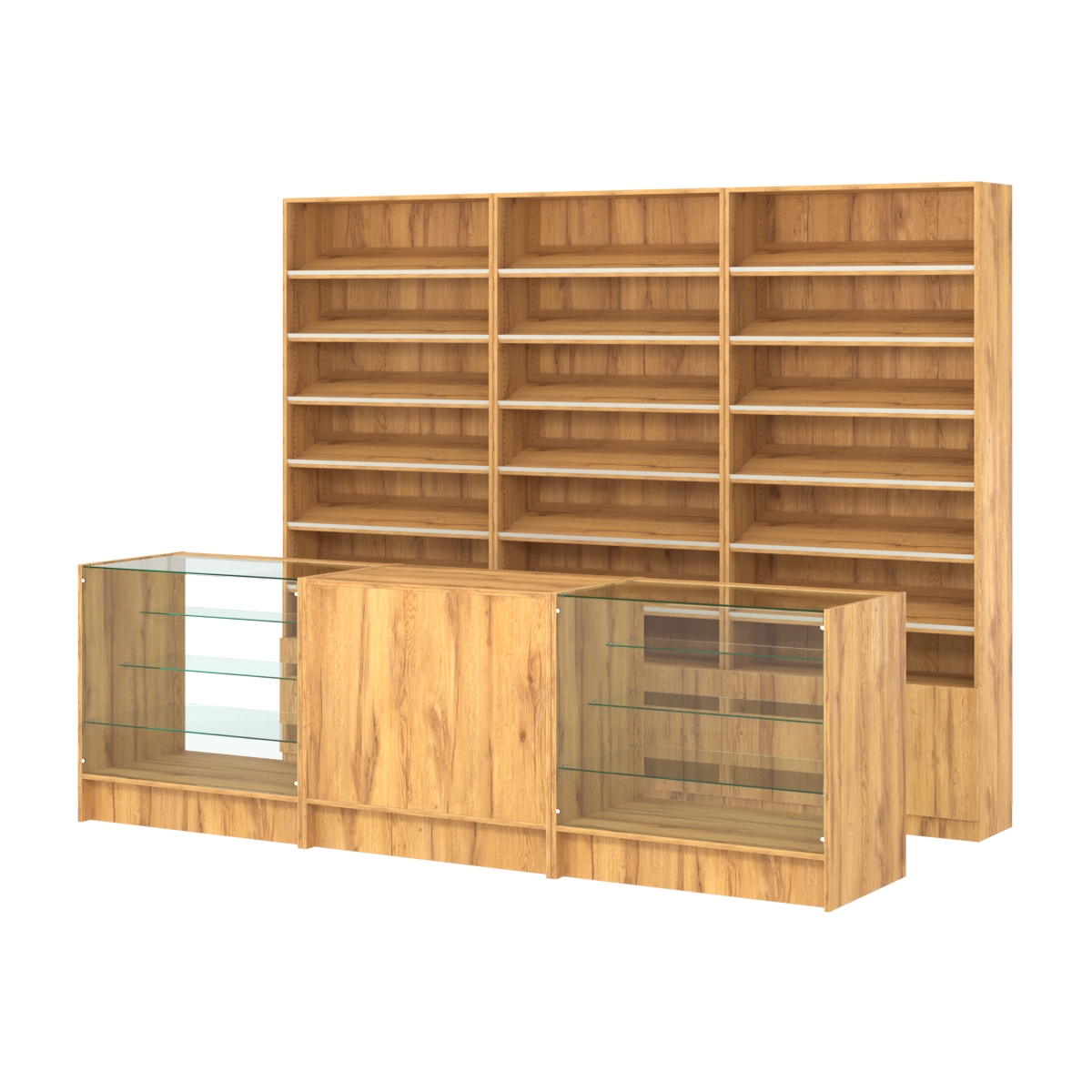 Комплект стеллажей с наклонными полками ДСП TI-6 №12 и прилавков ЭК-04 Дуб Золотистый