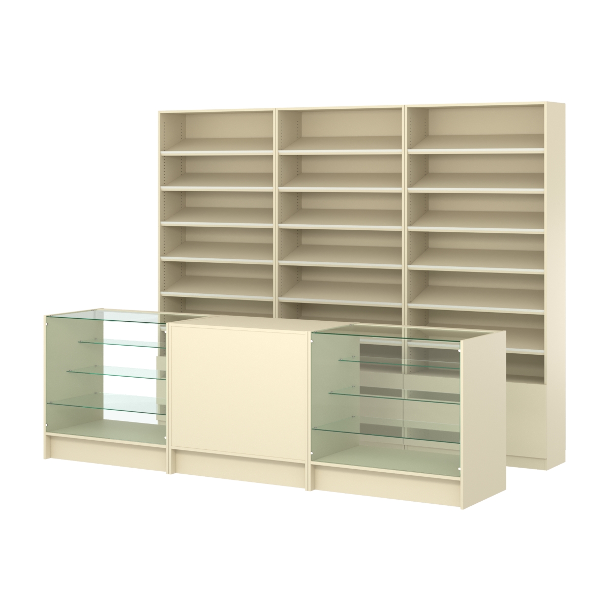 Комплект стеллажей с наклонными полками ДСП TI-6 №12 и прилавков ЭК-04 Крем Вайс