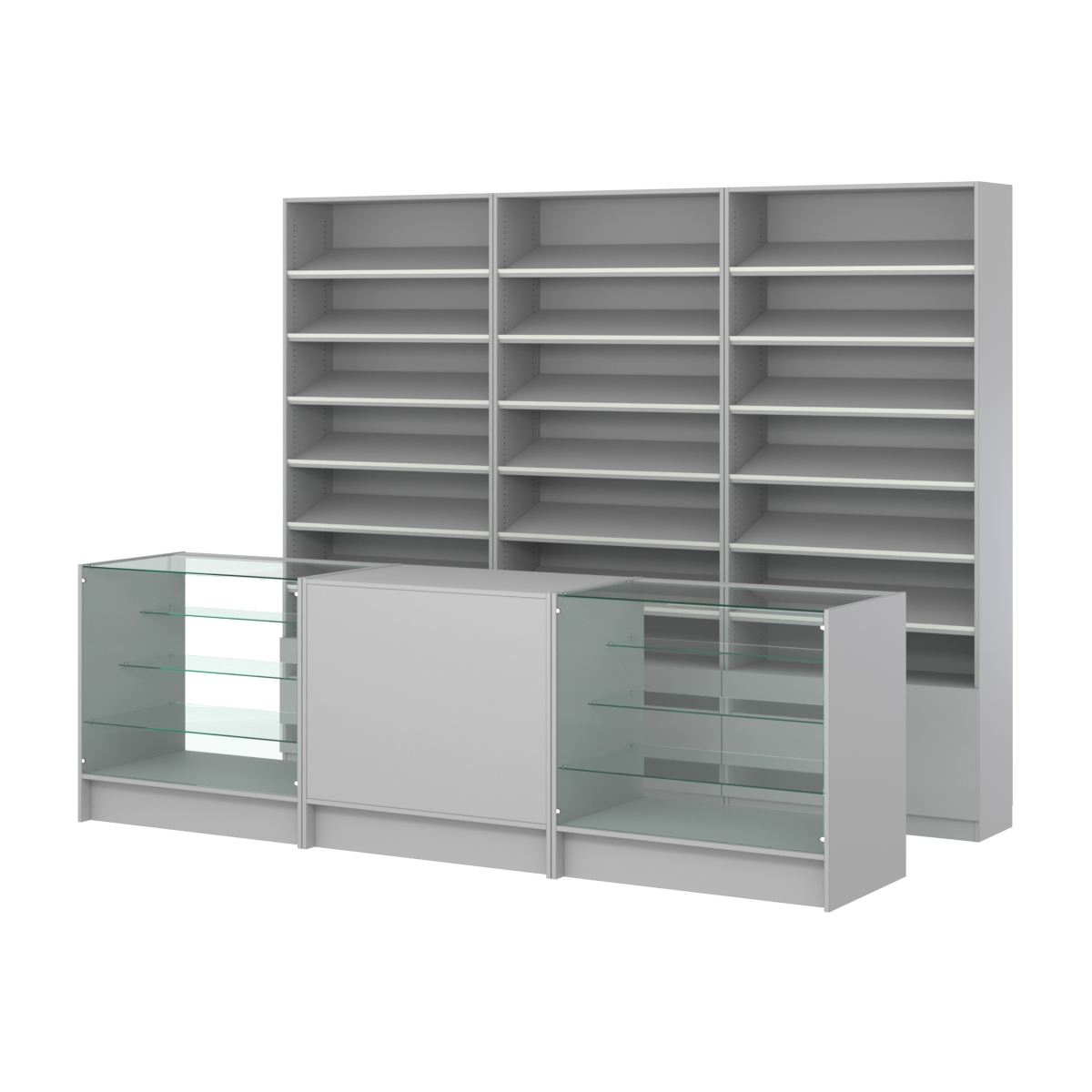 Комплект стеллажей с наклонными полками ДСП TI-6 №12 и прилавков ЭК-04 Серый