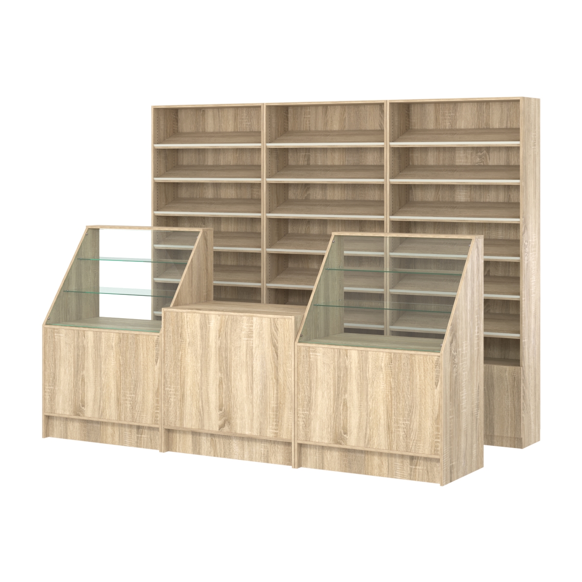 Комплект стеллажей с наклонными полками ДСП TI-6 №12 и прилавков ЭК-07 Дуб сонома