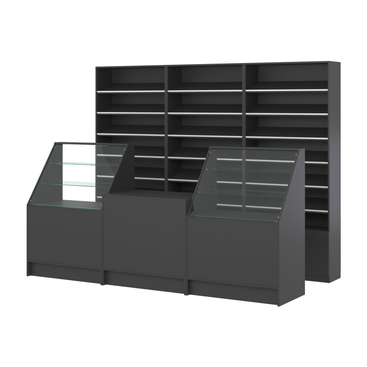 Комплект стеллажей с наклонными полками ДСП TI-6 №12 и прилавков ЭК-07 Черный