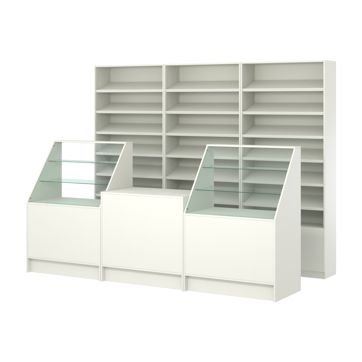 Комплект стеллажей с наклонными полками ДСП TI-6 №12 и прилавков ЭК-07 Белый